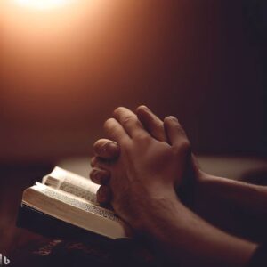joven orando de rodillas y leyendo la biblia